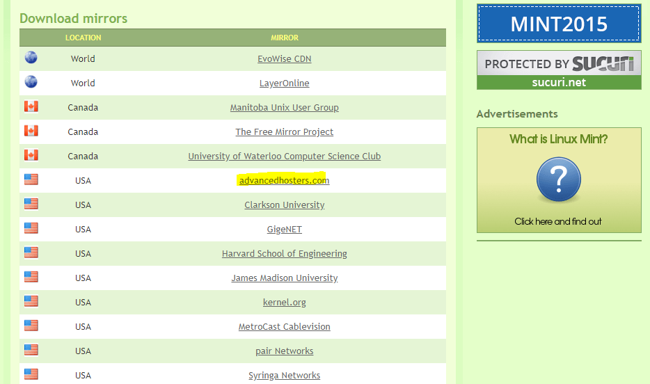 Mirrors to download on Linux Mint website